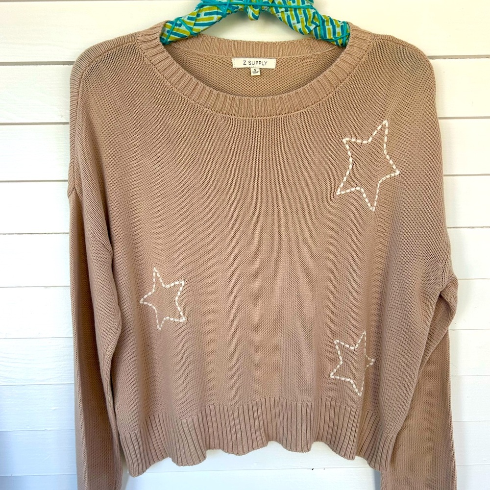 Caramel Color Z Supply Knit Sweater with Stars Size Small